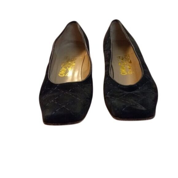 Salvatore Ferragamo Size 8 B Black Quilted Square Toe Block Heel Leather Pumps - Picture 4 of 11